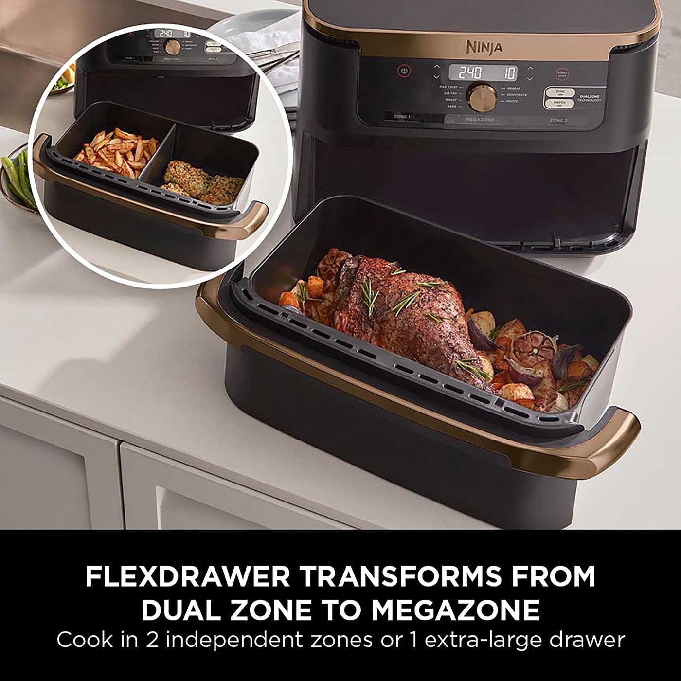 Ninja Foodi FlexDrawer Air Fryer, Dual Zone with Removable Divider, Large 10.4L Drawer, 7-in-1, Air-Fryer, Air Fry, Roast, Bake, Crisp, Non-Stick Dishwasher Safe Parts, Black and Copper, AF500UKCP