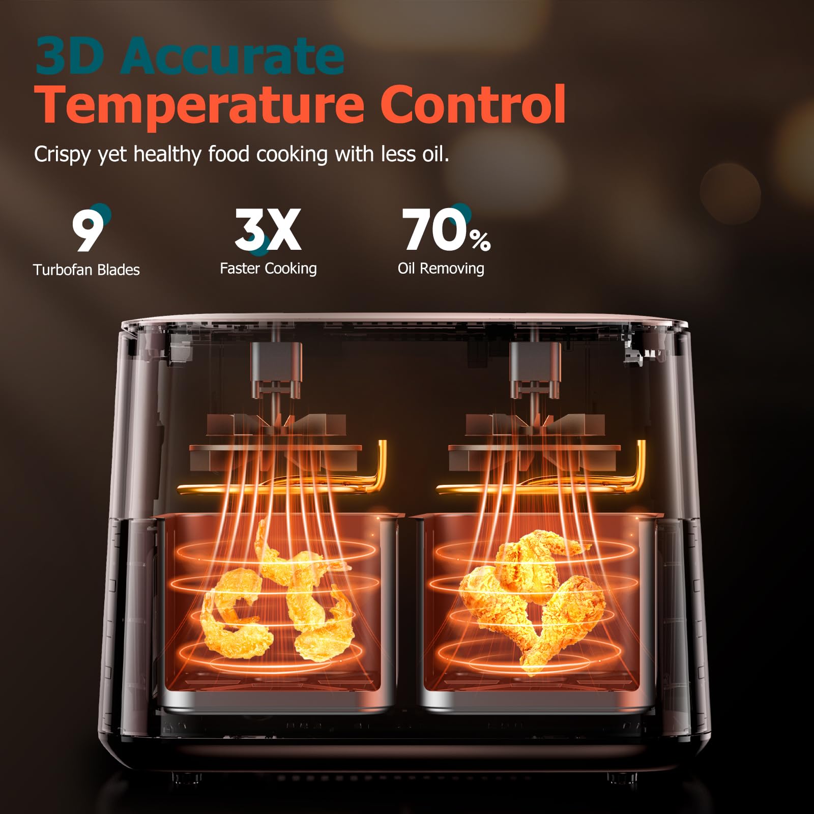 9L Dual Air Fryer with Visual Window, XL Large Capacity, 2 Drawers, 9-In-1 Cooking Presets, Touch Screen, Smart Finish, Timer Function, Dishwasher-Safe, Healthy Oil Free & Low Fat Cooking