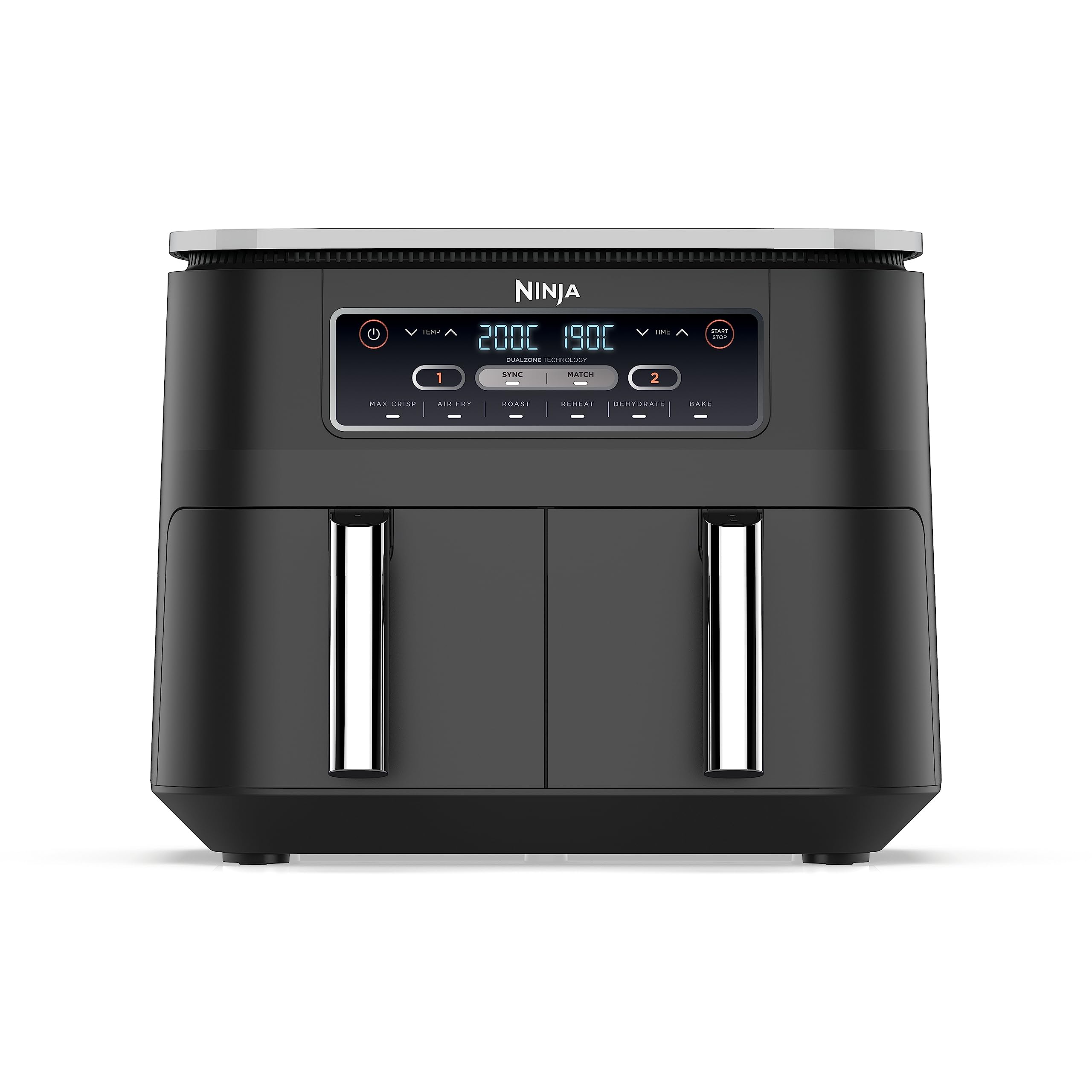 Ninja Foodi Dual Zone Digital Air Fryer, 2 Drawers, 7.6L, 6-in-1, Uses No Oil, Air Fry, Max Crisp, Roast, Bake, Reheat, Dehydrate, Cooks 4-6 Portions, Non-Stick, Dishwasher Safe Baskets, Black AF300UK