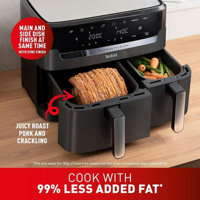 Tefal Easy Fry Dual Zone Digital Air Fryer, 2 Drawers, 8.3L, 8in1, Air Fry, Extra Crisp, Roast, Bake, Reheat, Dehydrate, 6 Portions, Non-Stick, Dishwasher Safe Baskets, Black & Metal EY901840