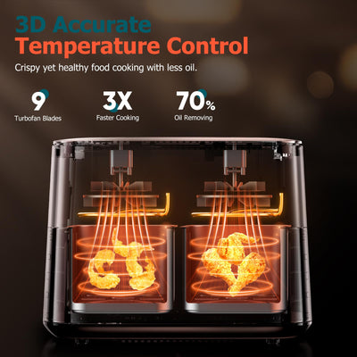 9L Dual Air Fryer with Visual Window, XL Large Capacity, 2 Drawers, 9-In-1 Cooking Presets, Touch Screen, Smart Finish, Timer Function, Dishwasher-Safe, Healthy Oil Free & Low Fat Cooking