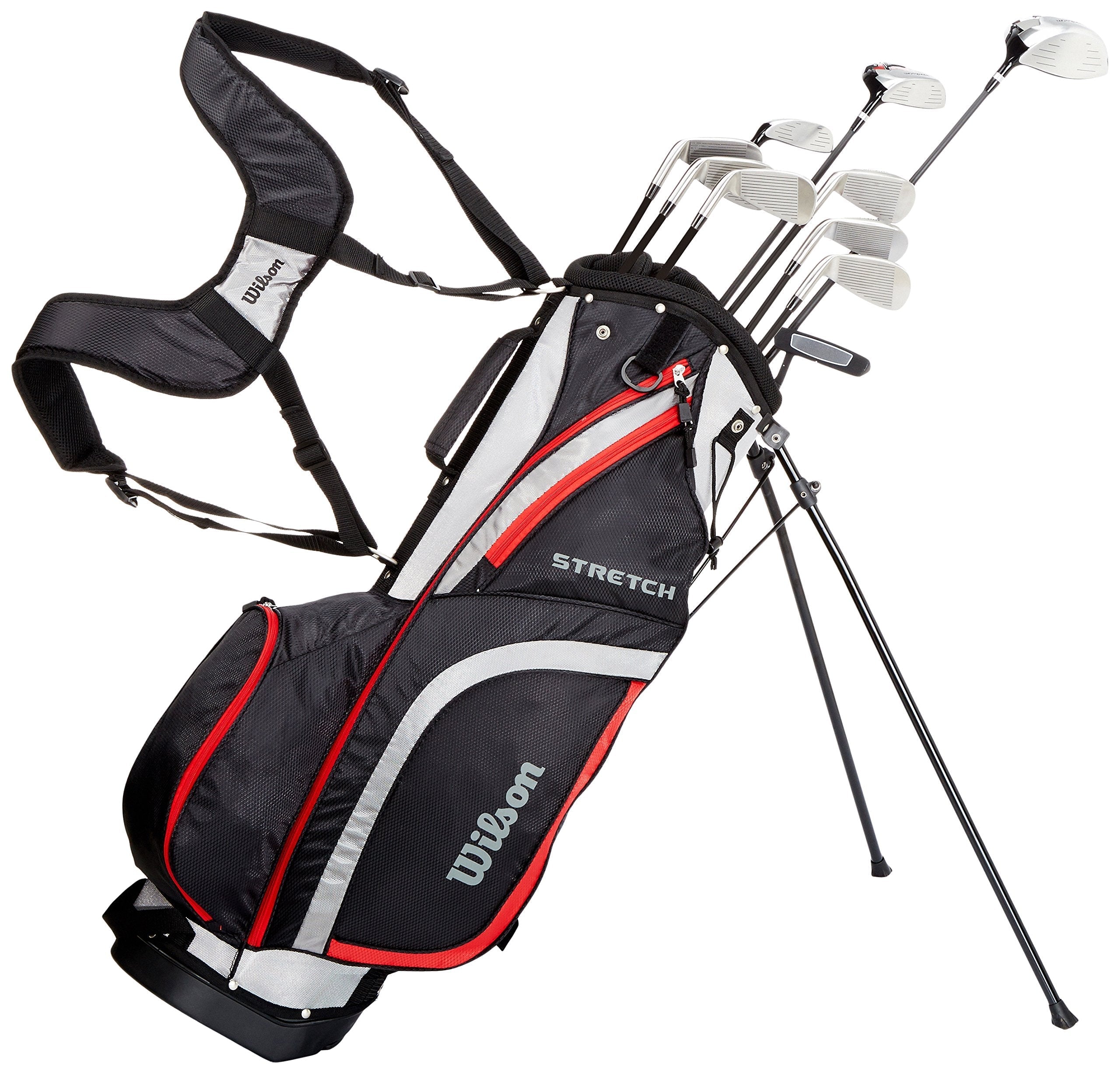 Wilson Amazon Exclusive Beginner Complete Set, 10 golf clubs with stand bag, Men's (right hand), Stretch XL, Black/Grey/Red, WGG157551